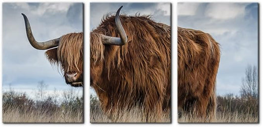 Pacimo 3 Panels Framed Canvas Prints Highland Cattle Wall Art Home Decorations for Living Room Modern Stretched and Framed Animal Pictures Photo Giclee Paintings Ready to Hang - 16"x24"x3 Panels