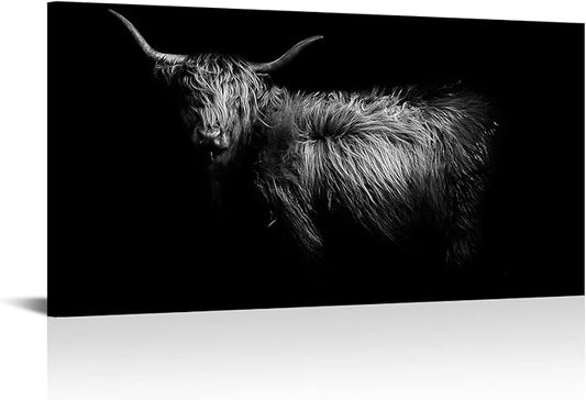 LevvArts Black and White Wall Art Canvas Highland Cow Pictures Painting Farm Animal Portrait Art Poster Artwork for Living Room Bedroom Modern Home Decor Ready to Hang 24"x48"