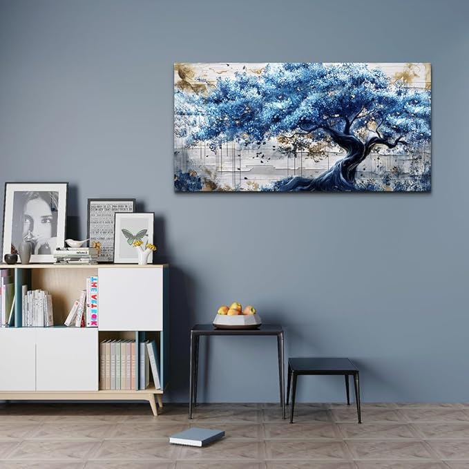 ERQINHUA Canvas Wall Art For Living Room Large Wall Decor For Bedroom Office Decor Blue Tree Wall Paintings Farmhouse Abstract Watercolour Pictures Artwork Home Decor Ready To Hang Posters 24"X48"