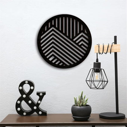 Geometric Wood Wall Art Decor, Modern Vintage Mountain Wall Sculptures Hanging Abstract Panels Decor, 3D Round Hollow Wooden Craft Art Boho Wall Decoration, for Home Office Living Room Bedroom (Black)