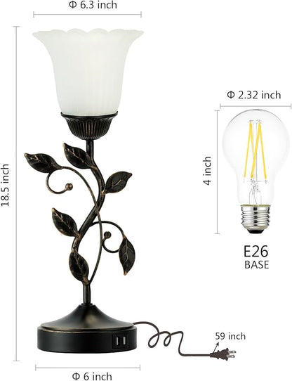 Set of 2 Touch Bedside Vintage Lamps with 2 USB Ports, 3-Way Dimmable Flower Lamps, White Glass Shade Rustic Leaf Lamp for Bedroom Side Table, LED Bulb Included