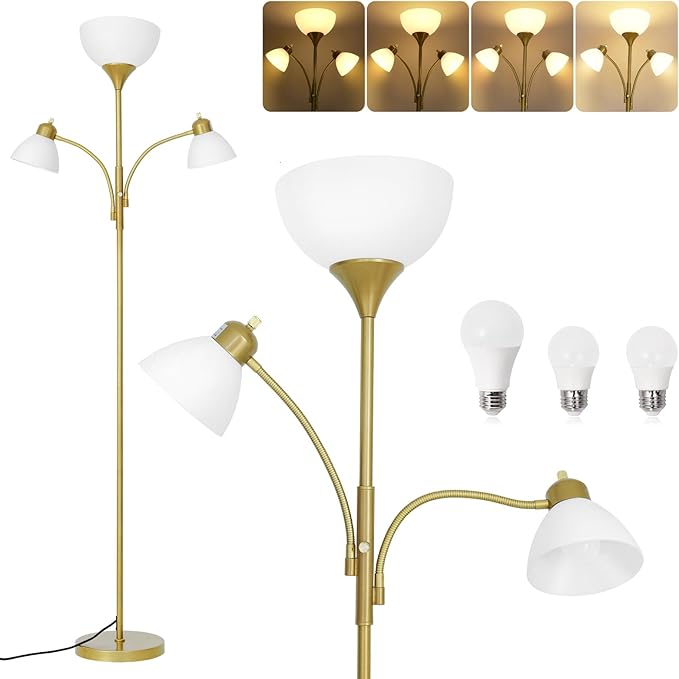 RISLG Floor Lamps for Living Room,Standing Lamp with Stepless Dimming, 3 Lights Adjustable Reading Lights, Morden Tall Lamps for Living Room, Bedroom, Office, Gold