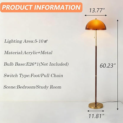 Tea Brown Dome Acrylic Shade Floor Lamp with Pull Chain,Mushroom Standing Lamp with Golden Base,Mid Century Modern Floor Light for Living Room Bedroom and Office