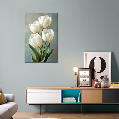 White Bathroom Decor Tulips Wall Art Flowers Pictures Modern Floral Paintings Canvas Prints Artwork for Living Room Bedroom Home Decoration Framed