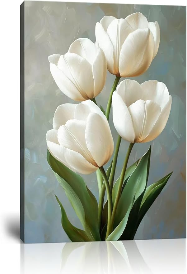 White Wall Art Tulips Wall Decor Flowers Pictures Modern Floral Paintings Canvas Prints Artwork for Bathroom Living Room Bedroom Home Decoration Framed