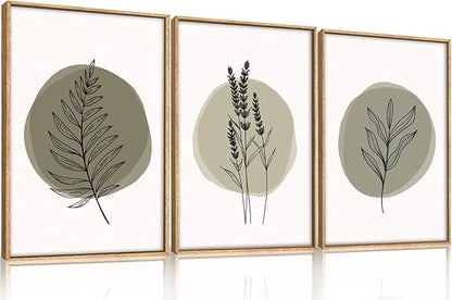 HOURIA Spring Sage Green Leaves Framed Canvas Wall Art Set,Minimalism Boho Leaf Wall Decor, Modern Nature Botanical Wall Painting,Mid Century Plant Art Prints for Living Room,Bedroom,Farmhouse-16"x24"x3