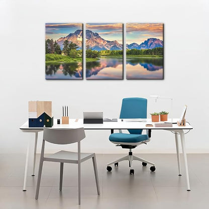 Pacimo Nature Canvas Wall Art Sunset Sunrise Mountain Pictures Grand Teton National Park Canvas Print River Forest Landscape Artwork for Living Room Bedroom Home Office Wall Decoration - 16"x24"x3