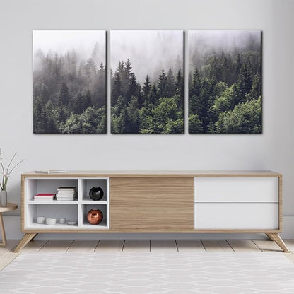 Pacimo Canvas Wall Art Fog Over Pine Tree Forest Nature Wilderness Photography Modern Art Rustic Landscape Relax/Calm Cool for Wall Decor Giclee Artwork Stretch Framed Ready to Hang - 20"x28"x3
