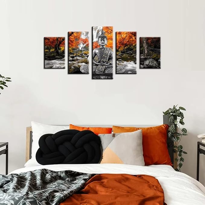 AWLXPHY Decor Buddha Wall Art Canvas Painting Framed 5 Panels for Living Room Decoration Modern Landscape Buddha Waterfall Trees Zen Stretched Artwork Giclee (Yellow, 40"x20")