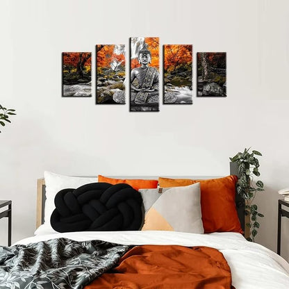 AWLXPHY Decor Buddha Wall Art Canvas Painting Framed 5 Panels for Living Room Decoration Modern Landscape Buddha Waterfall Trees Zen Stretched Artwork Giclee (Yellow, 40"x20")