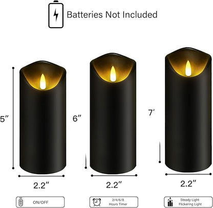 kakoya Flickering Flameless Candles, Battery Operated Plastic LED Pillar Candles with Remote Control and Timer, Set of 9 (Black)