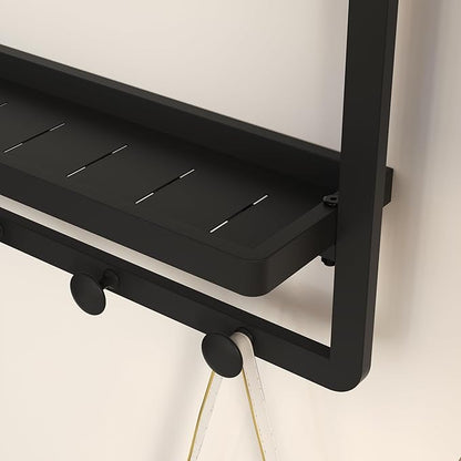 Modern Black Square Wall Mirror with Shelf and Hooks, 21.7 x 29.3 Inch Large Bathroom Mirror with 10° Adjustable Tilt for Entryway, Living Room, Hallway, Bedroom