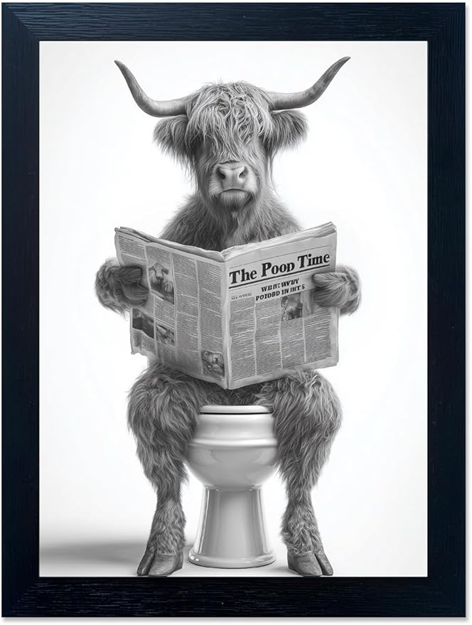 Funny Highland Cow Bathroom Wall Art - Framed Black and White Bathroom Wall Decor, Humorous Cow Picture Wall Decor with Cute Animal Canvas, Modern Farmhouse Style Restroom Sign Art for Toilet & Washroom 8"x10"