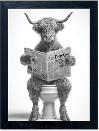 Funny Highland Cow Bathroom Wall Art - Framed Black and White Bathroom Wall Decor, Humorous Cow Picture Wall Decor with Cute Animal Canvas, Modern Farmhouse Style Restroom Sign Art for Toilet & Washroom 8"x10"