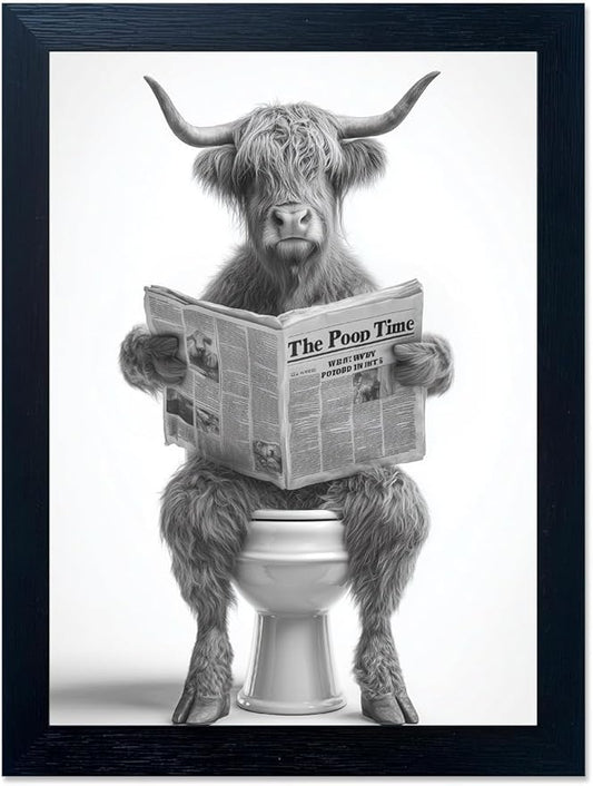 Funny Highland Cow Bathroom Wall Art - Framed Black and White Bathroom Wall Decor, Humorous Cow Picture Wall Decor with Cute Animal Canvas, Modern Farmhouse Style Restroom Sign Art for Toilet & Washroom 16"x20"