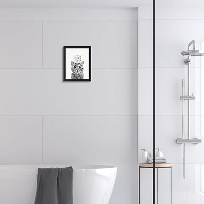Toilet Paper Prints - Cute Cat Wall Art - Funny Black and White Decor, Canvas Wall Art for Bathroom