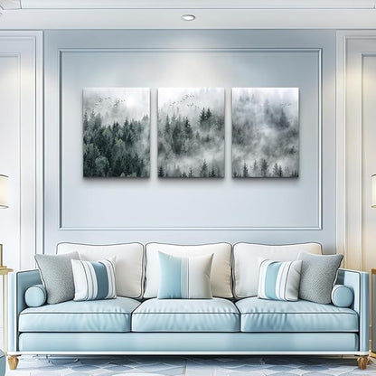 Canvas Wall Art For Living Room Modern Wall Decorations For Bedroom Foggy Forest Trees Landscape Wall Painting Office Wall Decor Canvas Prints Home Decor Ready To Hang Wall Pictures 16"X24"X3 Panels