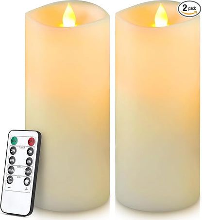 Enpornk 7” x 3” Flameless Candles, Flickering Moving Flame LED Candles, Battery Operated Candles with Remote and Timers, Ivory White, Set of 2