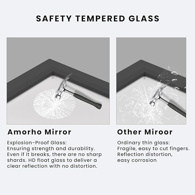 Amorho Black Bathroom Mirror, 50 X30 Inch Thick Metal Framed Wall Mirrors for Over 2 Sinks, Bedroom, Living Room, Entryway, Large Rectangle Wall-Mounted Mirrors.