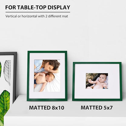 KINLINK 11x14 Picture Frame Green, Solid Wood Frames with Acrylic Plexiglass for Pictures 5x7/8x10 with Mat or 11x14 without Mat, Tabletop and Wall Mounting Display, Set of 4