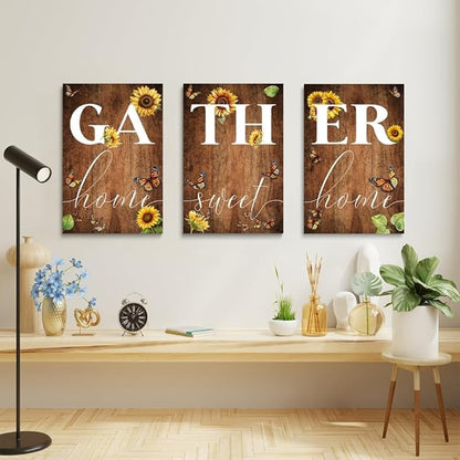 GUBIYU Rustic Farmhouse Dining Room Decor Cute Gather Signs - 'Home Sweet Home' Wall Decor with Sunflower Butterfly Design - 20"x28"