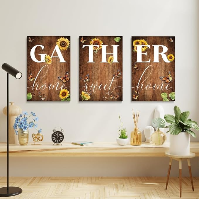 GUBIYU Farmhouse Dining Room Wall Art Gather Signs for Home Decor Kitchen Pictures for Wall Decorations Large Home Sweet Home Wall Decor Motivational Saying Quotes Poster Rustic Prints Artwork 16"X24"