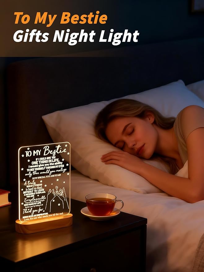to My Bestie Gifts, Best Friend Gift for Women 3D Illusion Lamp, I Love You Friends Night Light for BFF Christmas White Elephant Gifts, Soft Warm Color Wooden Table Lamp