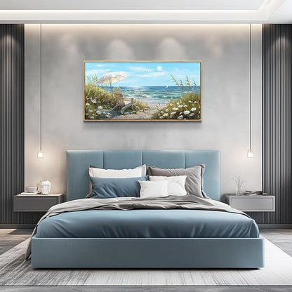 ERQINHUA Large Wall Decor For Living Room Canvas Wall Art For Restaurant Office Decorations Blue Sea Ocean Paintings Beach Chair Wall Pictures Modern Home Decor Ready To Hang Wood Framed 20x40 In