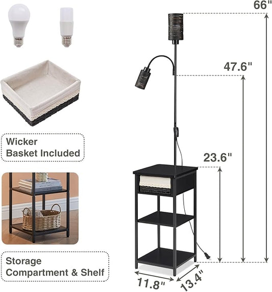 BAMGROW Floor Lamp with End Table, Side Table with Lamp Attached, Bedside Nightstand Light for Small Spaces with Wicker Drawer and Storage Shelf for Living Room, Bedroom, Guest Room, 2 Bulbs Included