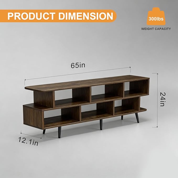 Lightdot 65 Inch TV Stand, up to 75 Inch TVs, Large Storage for Collection with 8 Open Shelves, Sturdy Media Console Table for Living Room/Entrance/Kitchen/Sofa Cabinet, Easy Assembly, Amber
