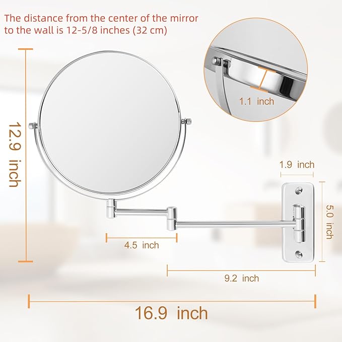 9" Magnifying Wall Mount Makeup Vanity Mirror,1x/7x Double-Side Makeup Mirror with Magnification,Swivel Extendable Shaving Face Mirror for Bathroom, Wall Mirror for Chrome