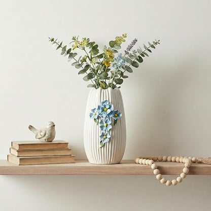 Modern Ceramic Vase - White Boho Textured Vase for Flower, 3D Sculpted Floral Centerpiece Vase for Living Room, Shelf, Table, Wedding, Fireplace, Mantel Decor