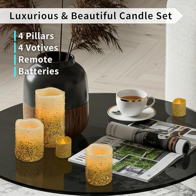 FURORA LIGHTING Gold Glitter Flameless Candles - Real Wax, Adjustable Brightness, Remote & Timer - 4 Pillars (3x4, 3x6) and 4 Votives, 8-Pack, Battery Operated