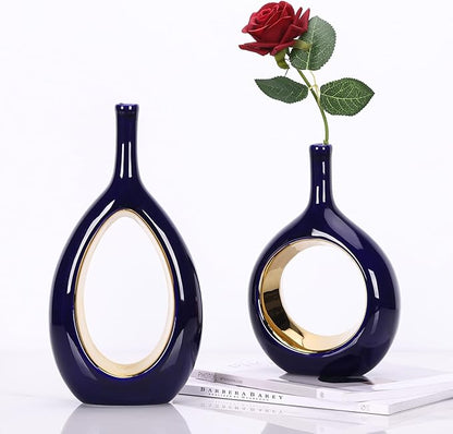 Blue and Gold Vase Ceramic Blue Vases Home Decor,Modern Minimalist Circle with Hole Decorative Vase, Hollow Ellipse Flower vases for Bookshelf, Fireplace Mantle, Centerpieces,Farmhouse,Rustic Décor