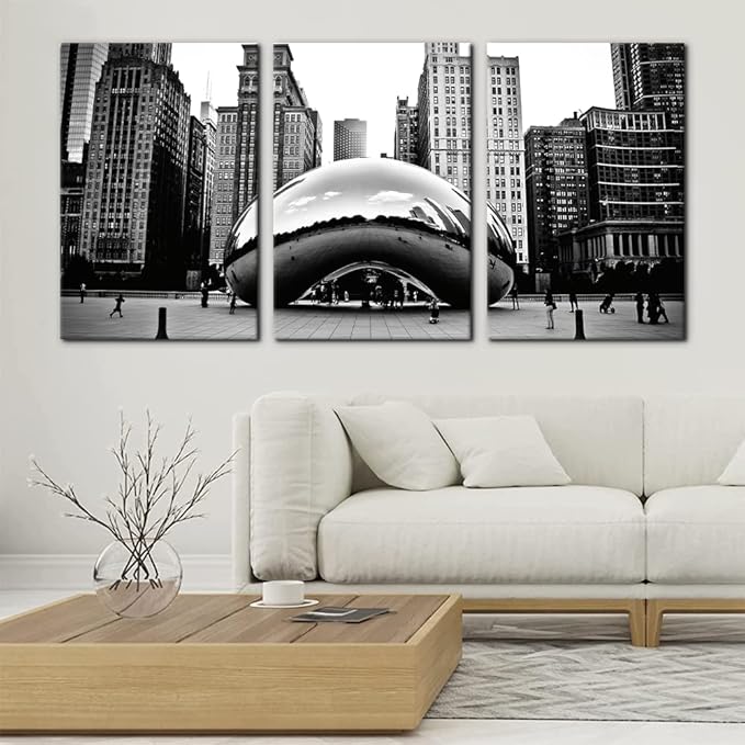 3 Pieces Black and White Wall Art - The Millennium Park in Downtown Chicago Photograph Picture Print on Canvas - Cloud Gate Canvas Wall Art for Modern Home Decor Ready to Hang - 16"x24"x3 Panel
