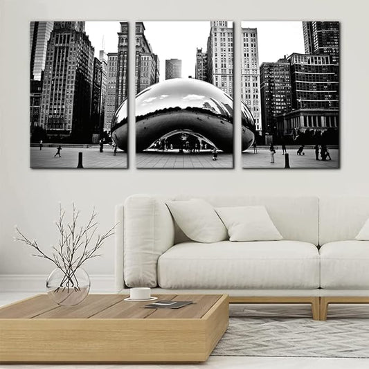 3 Pieces Black and White Wall Art - The Millennium Park in Downtown Chicago Photograph Picture Print on Canvas - Cloud Gate Canvas Wall Art for Modern Home Decor Ready to Hang - 16"x24"x3 Panel