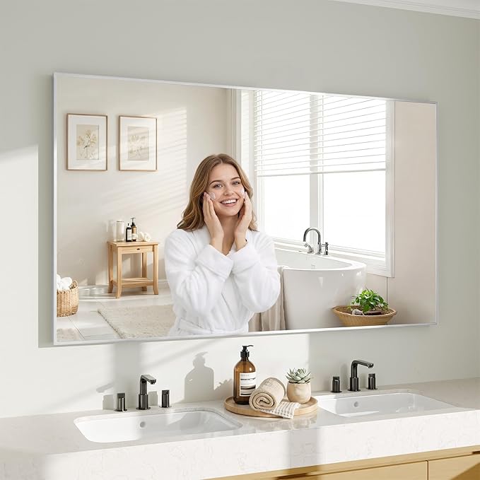 Koonmi Silver Rectangle Wall Mirror, 30x55 Inch Bathroom Mirror, Aluminum Frame Vanity Mirror for Entryway, Living Room, Bedroom Bathroom, Hangs Horizontally or Vertically