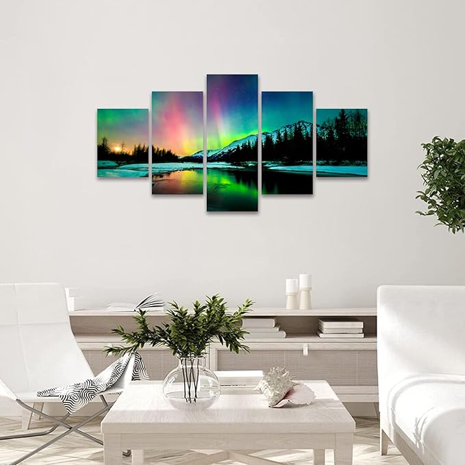 Aurora Borealis Canvas Wall Art Northern Lights Canvas Print Painting for Living Room Snowy-Mountains-Landscape Poster Picture Wooden Framed Prints Ready to Hang (aurora borealis decor17, 70Wx40H)