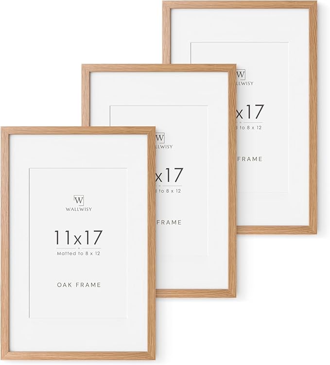 11x17 Oak Picture Frame, Solid Oak 11x17 Poster Frame with Mat to 8x12(Openning Size is 7.5x11.5), Natural Wood 17x11 Frames for Wall, Set of 3