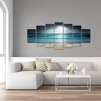 iKNOW FOTO 7 Multi Panel Xlarge Modern Canvas Prints Wall Art Blue Ocean Seascape Pictures Beach Landscape Printed On Canvas Ready to Hang for Living Room Home Office Decor 70x32 inch