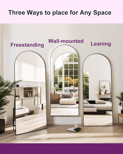 DMWOODFL 58"x18" Arched Full Length Mirror - Wall/Floor Mounted with Stand, Shatter-Proof Glass & Aluminum Frame, Large Body Mirror for Bedroom, Living Room, Entryway or Cloakroom, Black
