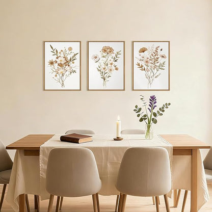 KAIRNE Neutral Boho Floral Framed Canvas Wall Art Set, Vintage Botanical Flower Wall Decor, Minimalist Wildflower Art Prints, Modern Beige Artwork for Living Room, Bedroom, Farmhouse, Office-12"x16"x3
