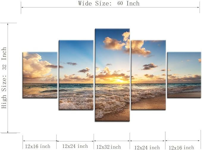 Sunset Beach Wave Scene Seascape Landscape Picture Modern Painting on Canvas 5 Piece Framed Wall Art for Living Room Bedroom Home Decor Gallery Wrap Giclee Posters and Prints (60’’W x 32’’H)