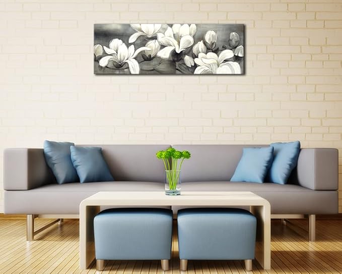 Wieco Art Magnolia Modern Wrapped Floral Artwork Giclee Canvas Prints White and Grey Flowers Pictures Paintings on Canvas Wall Art Ready to Hang for Living Room Bedroom Home Decorations 48x16