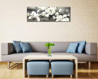 Wieco Art Magnolia Modern Wrapped Floral Artwork Giclee Canvas Prints White and Grey Flowers Pictures Paintings on Canvas Wall Art Ready to Hang for Living Room Bedroom Home Decorations 48x16