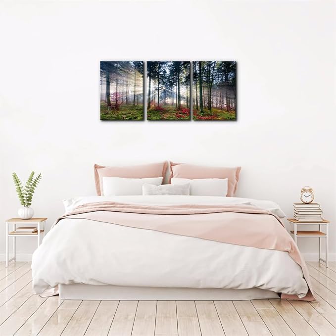 Pacimo 3 Pieces Canvas Wall Art Nature Landscape Sunrise Trees Pictures Painting Prints on Canvas Wall Decoration for Living Room Forest Framed Modern Artwork for Bedroom and Home Decor - 12"x16"x3