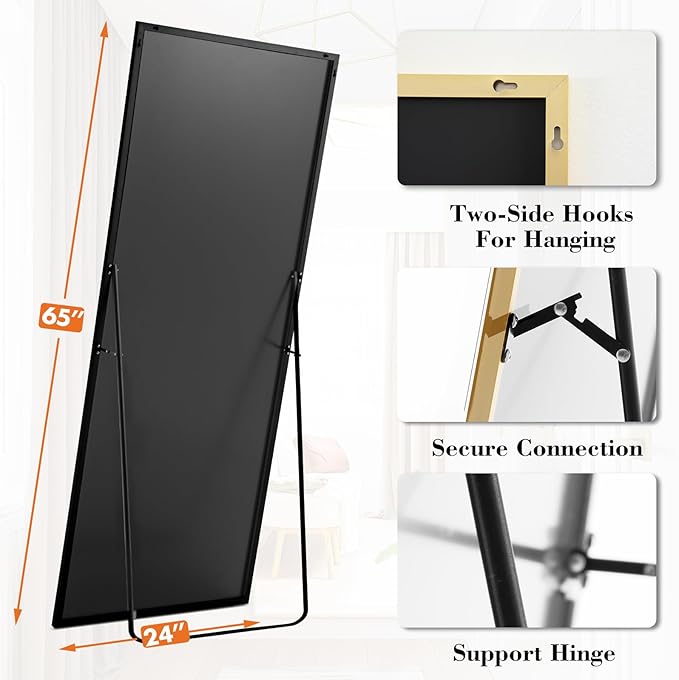 Sweetcrispy 65"x24" Full Length Mirror, Full Body Mirror with Aluminum Alloy Thin Frame, Leaning or Standing, Suitable for Bedroom, Livingroom, Cloakroom, Gold