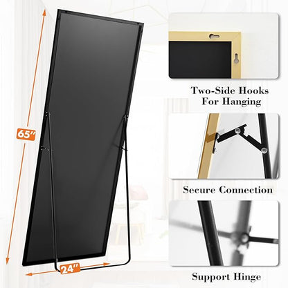 Sweetcrispy 65"x24" Full Length Mirror, Full Body Mirror with Aluminum Alloy Thin Frame, Leaning or Standing, Suitable for Bedroom, Livingroom, Cloakroom, Gold