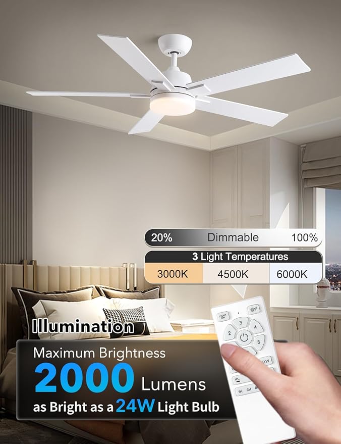 Rayqueen 52 Inch Ceiling Fans with Lights and Remote, 6 Speed Reversible DC Motor, 3CCT Dimmable LED, 5 Blades, White Modern Ceiling Fan for Bedroom, Living Room & Covered Outdoor, Includes Downrod
