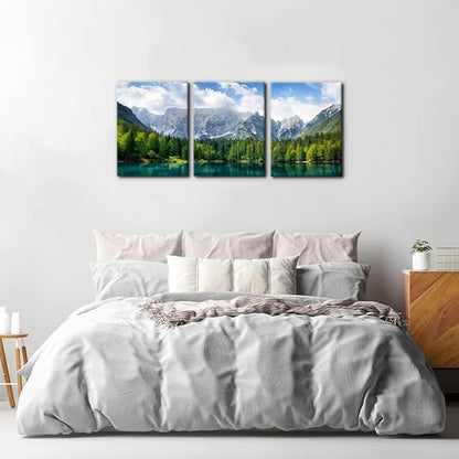 3 Pieces Nature Scenery Wall Art Decor Beautiful Landscape with Turquoise Lake Forest and Mountains Pictures Painting Print on Canvas Modern Artwork Stretched Framed Ready to Hang - 12"x16"x3 Panel